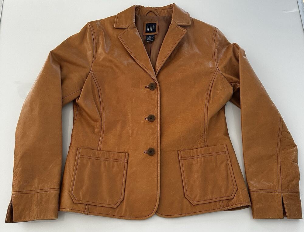 VTG Gap Leather Blazer Jacket Tan Camel Womens Sz Med Y2K Preppy Lined 3 Button